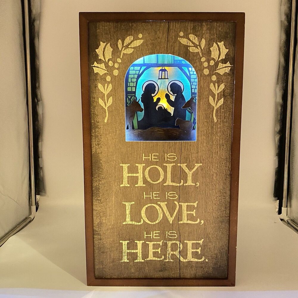Hallmark Lighted Nativity Christmas Wall Plaque Sign 20.75” He Is Holy Love Here